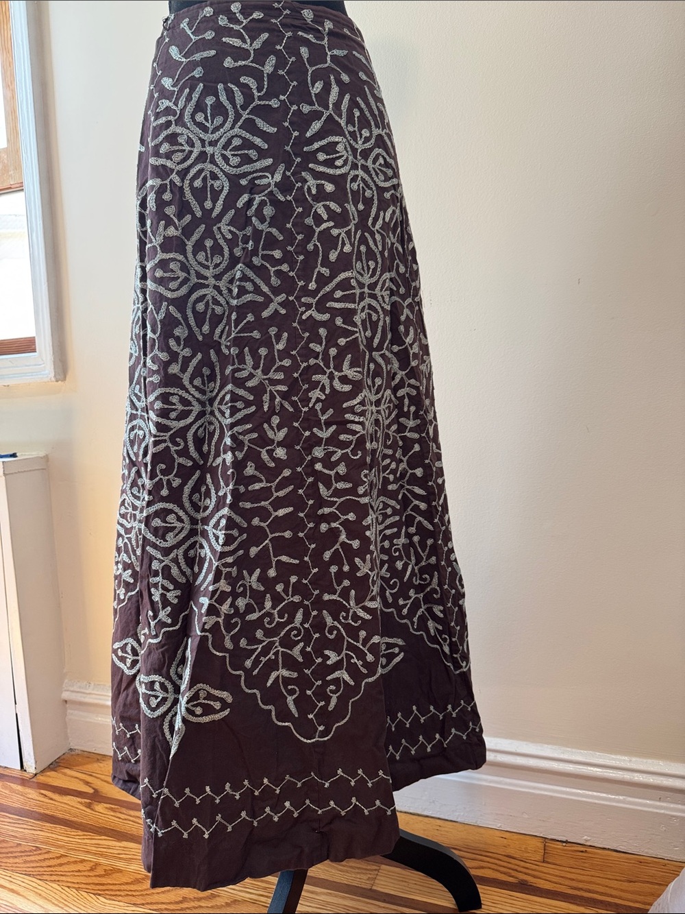 Soft Surroundings Brown Maxi Skirt with Cream Embroidery